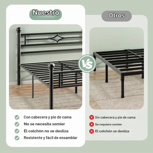 Vista 3 de BedsPick - Base de cama tamaño Queen con cabecera y estribo, marco de cama de plataforma de metal con esquinas redondeadas, soporte de listones