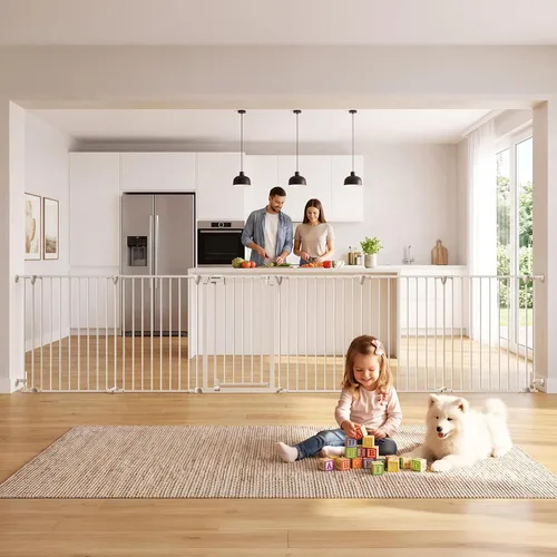 Vista 11 de Puerta extra ancha para bebés de 150 pulgadas, puerta de seguridad infantil para patio de juegos, puertas para perros con puerta de cierre