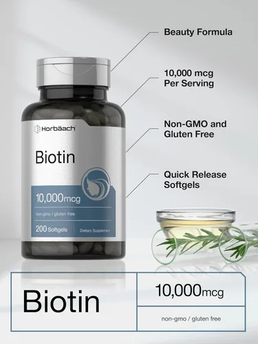Vista 4 de Horbäach Biotin 10000 mcg 200 cápsulas blandas con vitamina B7 Suplemento de fórmula de belleza Sin OMG y sin gluten