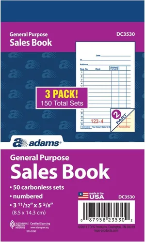 Vista 10 de Adams Libro de ventas de uso general, 2 partes, sin carbono, blanco/canario, 3-11/32 x 5-5/8 pulgadas, 50 juegos/libro, 3 libros (DC3530)