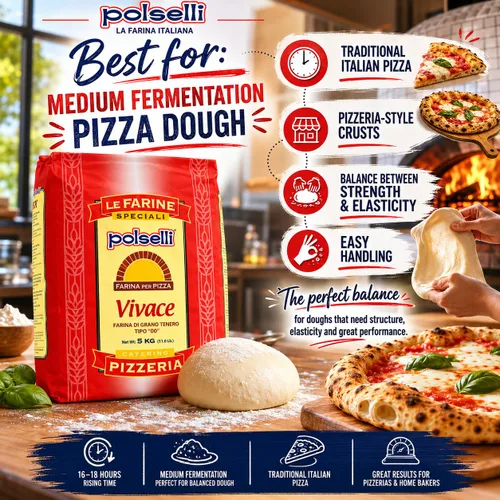 Vista 5 de Vivace, Tipo "00" Harina Doble Cero, Harina OO, Napoletana, Romana, Mezcla Tradicional para Masa de Pizza, Pasta, Pan, (5 kg) 11 lbs por Polselli