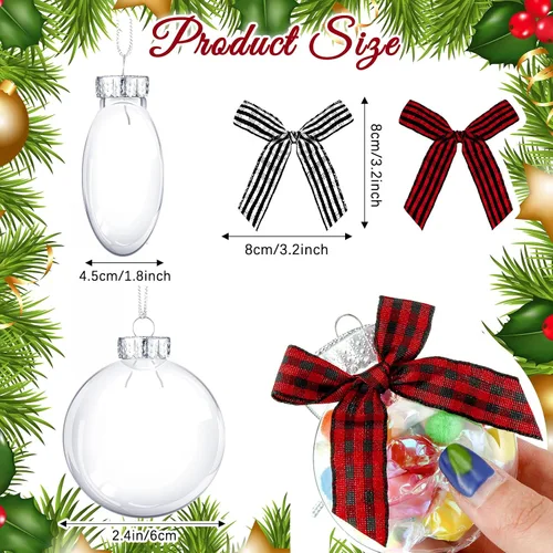 Vista 3 de Yookeer 64 discos de plástico para adornos navideños, bolas de plástico iridiscentes transparentes rellenables con tapa plateada y lazos a cuadros
