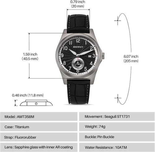 Vista 6 de BERNY Reloj automático de titanio para hombre, relojes de pulsera clásicos para hombre