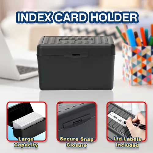 Vista 3 de H4D Tarjetero de índice de 3 x 5 con 100 tarjetas de índice a rayas pesadas y 25 divisores de plástico, color negro 3x5 Inch Plastic Box