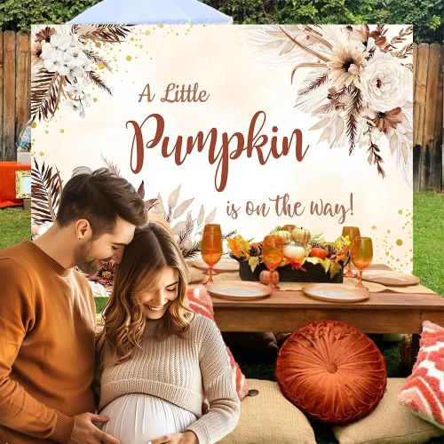 Vista 2 de MEHOFOND Telón de fondo de bebé bohemio de otoño, diseño de calabaza pequeña está en camino, fondo bohemio para fotografía de baby shower