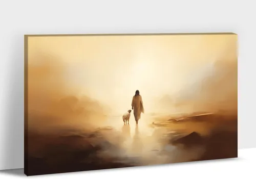Vista 42 de Arte de pared en lienzo de Jesús y Cordero, Arte de pared en lienzo de Jesús abrazando a un cordero fangoso, Arte de pared cristiano para decoración