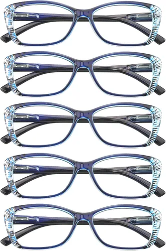 Vista 10 de VisionGlobal 5 Pairs Reading Glasses with Spring Hinge, Blue Light Blocking Glasses for Women/Men