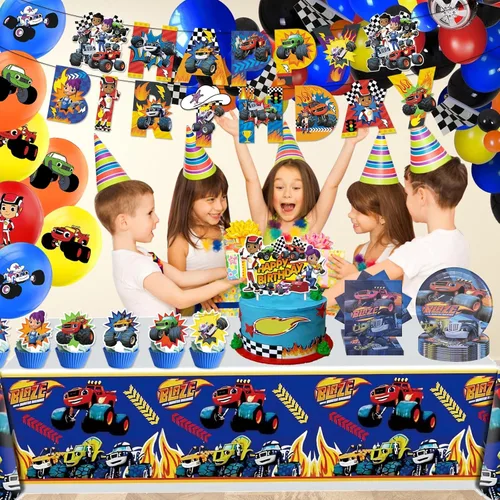 Vista 4 de 133 piezas de suministros para fiesta de cumpleaños de Monster Truck, incluye pancarta, bolsa de regalo, sopladores de fiesta, mantel, decoración