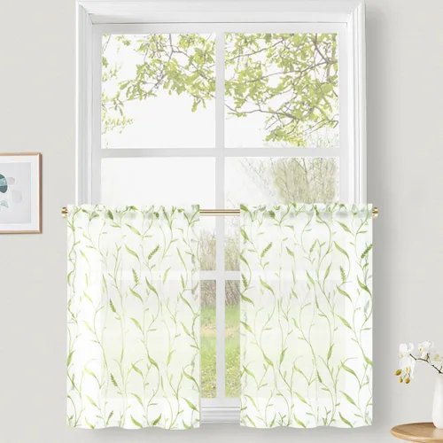 Vista 15 de VOGOL Juego de cortinas transparentes bordadas y cenefas para sala de estar, con bolsillo para barra blanca, par de cortinas traslúcidas