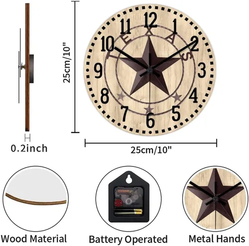 Vista 2 de Reloj de pared clásico de estilo rústico con estrella de Texas occidental, reloj analógico de madera silencioso sin tictac, funciona