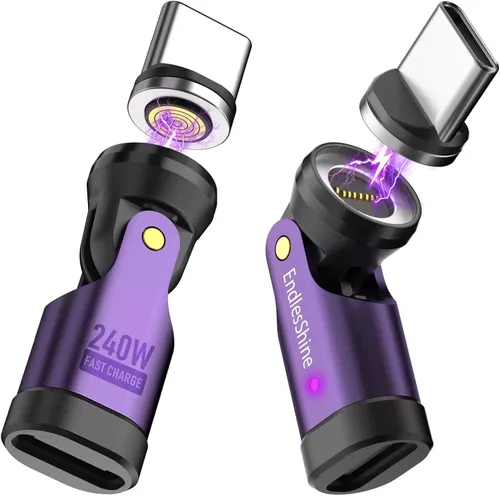 Vista 8 de Adaptador magnético USB C, 240 W PD de carga rápida de 480 Mbps de datos de 9 pines, giratorio de 540° con indicador LED, puntas protectoras
