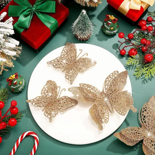 Vista 4 de Liliful 32 piezas de adorno de mariposa de purpurina navideña con clip, mariposa hueca, decoración de Navidad artificial, adorno colgante con clip