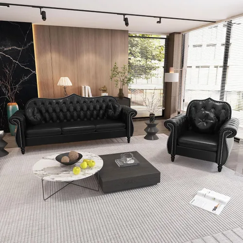 Vista 20 de AVZEAR Chesterfield - Juego de sofás seccional de 2 piezas para sala de estar, sofá tapizado en terciopelo moderno de mediados de siglo, sofá Blanco