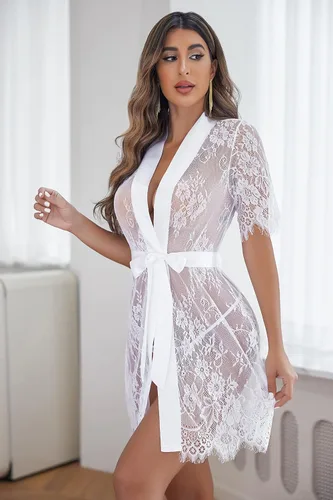 Vista 4 de Avidlove - Bata de noche tipo kimono para mujer de encaje floral camisón de malla transparente lencería tipo babydoll