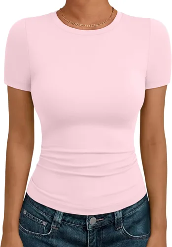 Vista 12 de AUTOMET - Camisetas básicas de manga corta para mujer, para verano, entrenamiento o gimnasio, con cuello redondo, ropa moderna estilo Y2K
