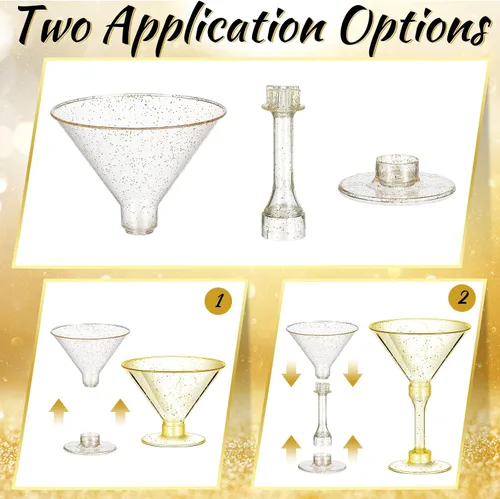 Vista 3 de Hoolerry 100 vasos de Martini de plástico de 5 onzas con purpurina dorada desechables, vasos de cóctel altos para aperitivos, tazas de postre, vasos
