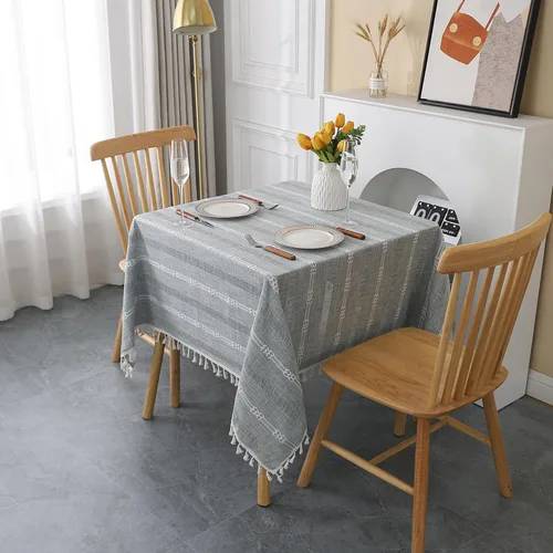 Vista 19 de Gernaice Mantel bordado de rayas rústicas con borlas cuadradas y pequeñas de algodón y lino, sin arrugas, lavable, para mesita de noche, café, Marrón