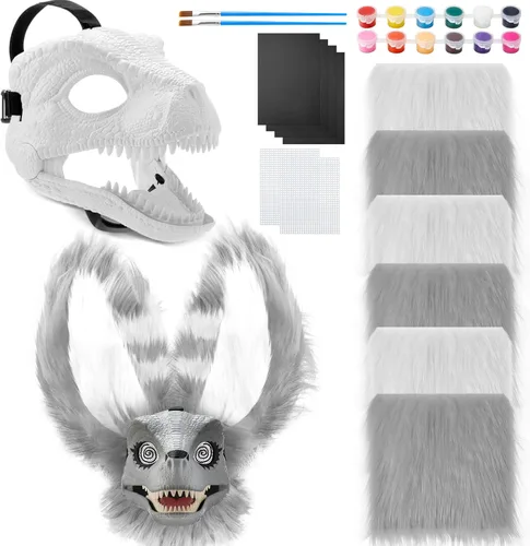 Vista 9 de Seenelling Kit de 13 piezas de máscara de dinosaurio DIY, máscara de dinosaurio de plástico duro, kit de disfraz de dinosaurio peludo Therian