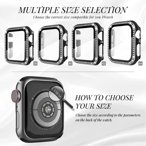 Vista 2 de Recoppa funda para Apple Watch con protector de pantalla con cristales brillantes y diamantes de imitación, ultrafina, funda con protección Negro