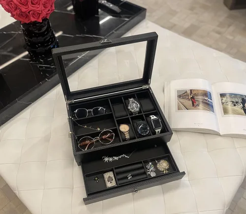 Vista 4 de HAUTEROW Caja organizadora de relojes para hombres, caja de joyería, estuche de reloj, organizador de gafas de sol, bandeja de valet, organizador