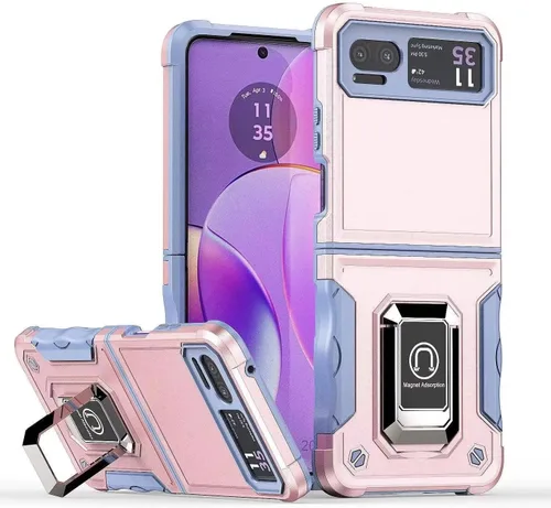 Vista 10 de Funda para Moto Razr 40, para Moto Razr 2023, TPU de grado militar + PC [soporte integrado] Diseño de doble capa resistente contra caídas Funda
