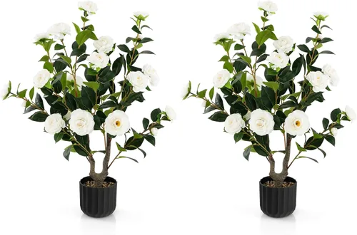Vista 18 de Árbol de camelia artificial de 36 pulgadas con flores falsas Naranja