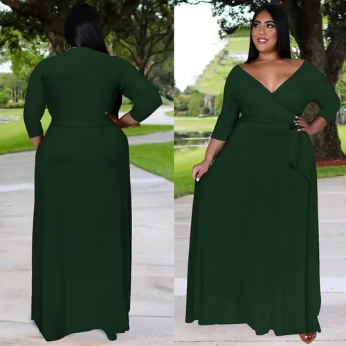 Vista 4 de Runwind Vestidos de talla grande para mujer, vestido largo floral, manga 34 con cinturón