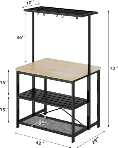 Vista 8 de Isla de cocina, estante para panaderos, mesa de isla para cocina, soporte de microondas de 3 niveles con almacenamiento, mesa de café grande