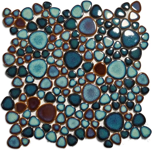 Vista 2 de Hominter Azulejo entrelazado de guijarros de porcelana azul turquesa azul aguamarina montado en malla de 12 x 12 pulgadas, azulejos de cerámica