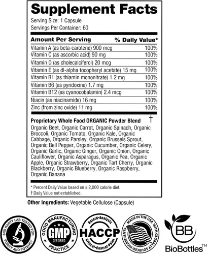 Vista 3 de FeelGood Superfoods Vita Fruit and Veggies Cápsulas – 25 ingredientes superalimentarios, multivitamínico de frutas y verduras, 60