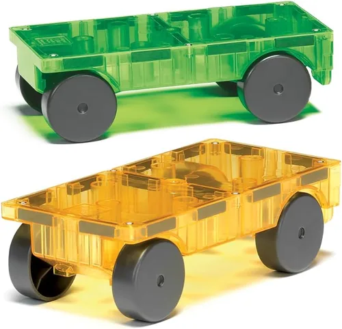 Vista 2 de MAGNA-TILES Coches – Juego de Construcción Magnético de 2 Piezas en Verde y Amarillo, La MARCA ORIGINAL de Construcción Magnética