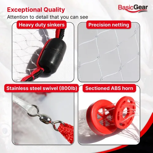 Vista 5 de BasicGear Red de Atarraya Radio de 3-12 pies, malla de 3/8 o 1/4 pulgadas para peces de cebo de agua dulce y salada Grado profesional