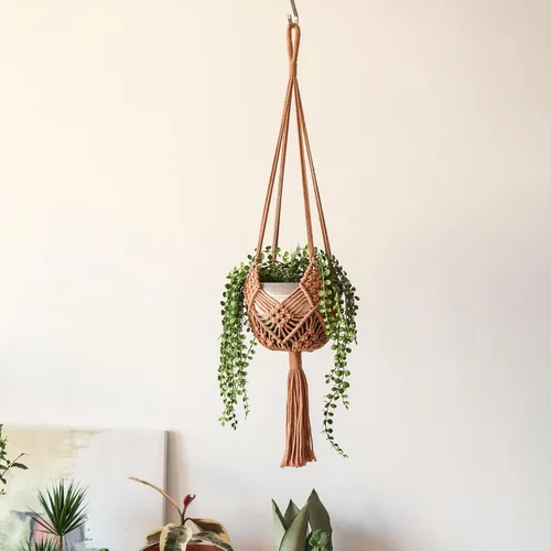 Vista 7 de Maceta Colgante con Patrones, Juego de 4 Colgadores de Macramé para Plantas de Interior, para Macetas de hasta 8 Pulgadas, Soporte de Ganchillo Boho