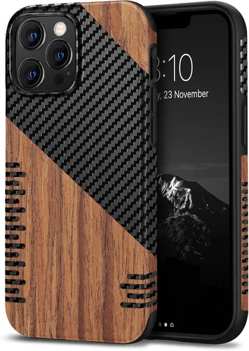Vista 12 de TENDLIN Compatible con iPhone 13 Pro Max, funda de grano de madera con textura de fibra de carbono, funda híbrida de cuero compatible con iPhone 13