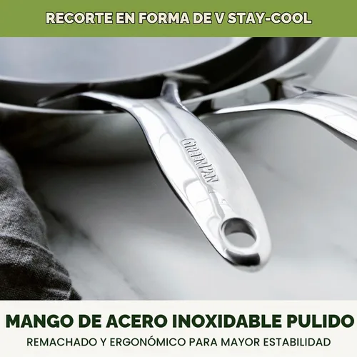 Vista 7 de GreenPan Valencia Pro Sartén de Acero Inoxidable de 8", Sartén Apta para Inducción con Tri-Capa Espejada, Cerámica Antiadherente Sin PFAS, Batería
