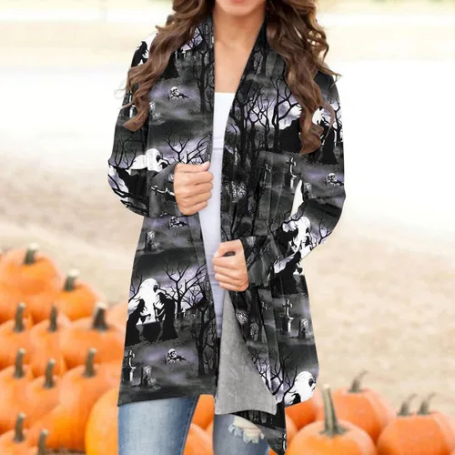 Vista 2 de Womens Halloween Long Sleeve Open Front Cardigan Funny Cute Pumpkin Black Cat Ghost Graphic Soft Lightweight Tops