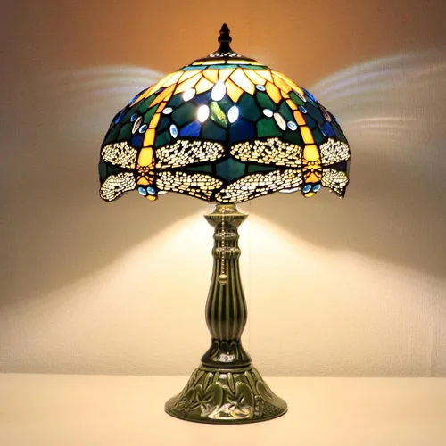 Vista 10 de Tiffany Style Stained Glass Table Lamp 18.5 Inch - Blue Peacock Tail 12X12X18.5 Inch, E26 Bulb Base，Pull Chain Switch, Ceramic Base, Bedside