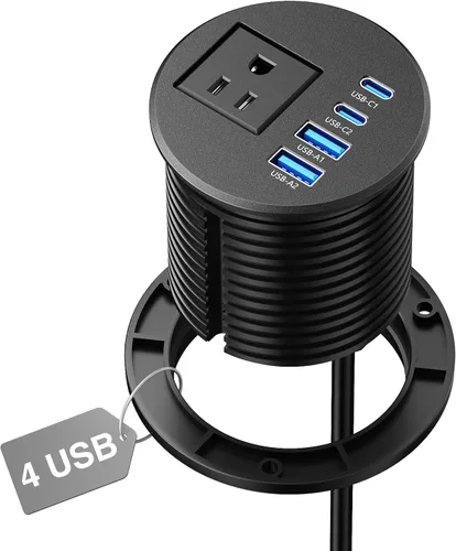 Vista 10 de Ojal de alimentación de escritorio USB-C PD 65W, 2 tomacorrientes 4 puertos Negro USB-C 65W