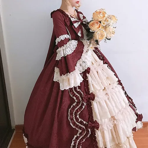 Vista 4 de Vestido de Lolita francesa para mujer, vestido victoriano, vestido renacentista, disfraz de princesa, manga acampanada, corte de lujo, cosplay