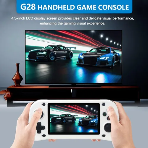 Vista 5 de Nueva consola de juegos portátil retro G28, tarjeta TF 64G integrada, consola de juegos clásica integrada de 15000 juegos, 4.3 pulgadas HD, 2100 mAh