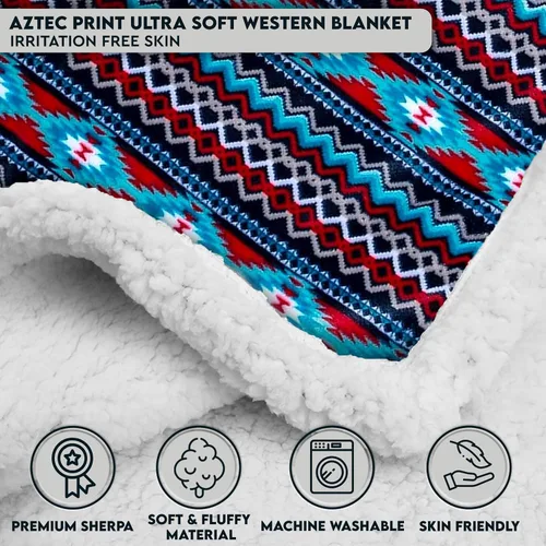 Vista 2 de TrailCrest Manta de forro polar sherpa, acogedora manta azteca de felpa para adultos, para hombres y mujeres, reversible con estampados aztecas
