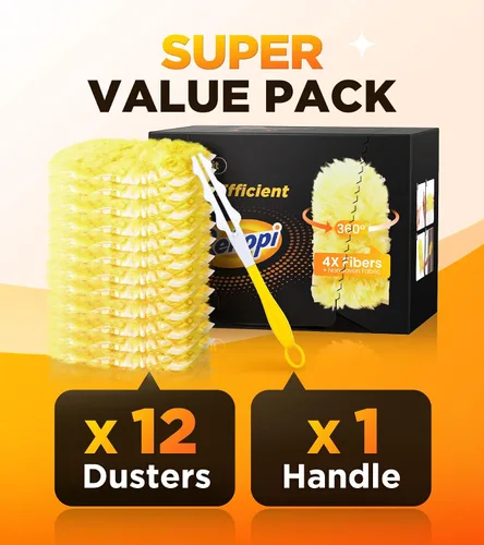 Vista 6 de Recargas de plumero resistentes para Swiffer Duster, 12 unidades de recarga de plumero con 1 mango, plumeros multisuperficie de 360° con 4 Naranja
