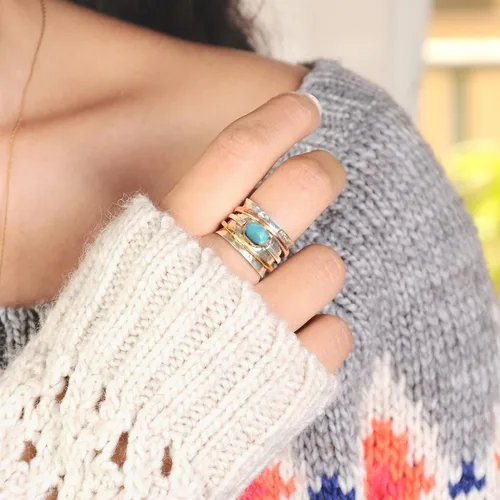 Vista 3 de Boho-Magic Anillo giratorio de plata de ley 925 con larimar para mujer con cobre y latón