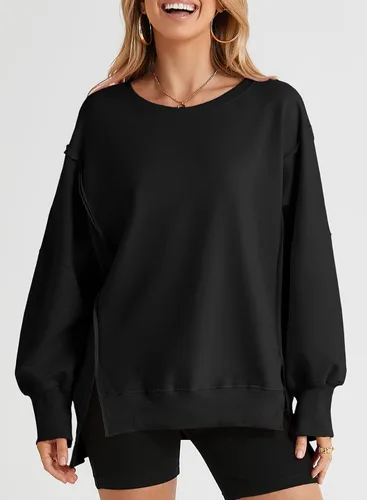Vista 2 de SHEWIN Sudadera casual de gran tamaño de manga larga con costuras inversas y cuello redondo para mujer Un negro