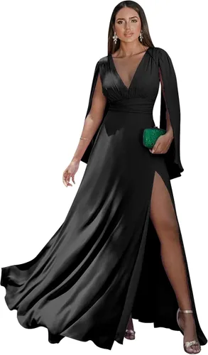 Vista 21 de Women's Long Sleeve Bridesmaid Dresses V-Neck Chiffon Ruched Formal Dress Evening Gown with Slit