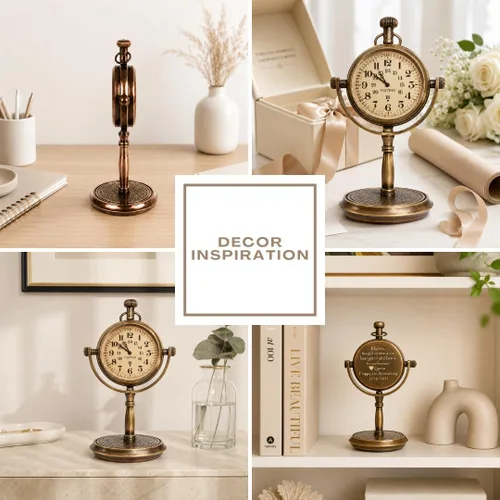 Vista 5 de PORTHO Reloj de escritorio personalizado, reloj de mesa silencioso para decoración del hogar y la oficina, reloj único de la vieja escuela