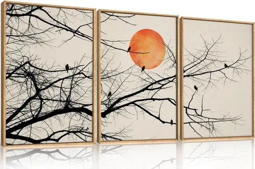 Vista 17 de Celestdeco Juego de arte de pared en lienzo abstracto y neutro grande con marco naranja, moderno y minimalista para pared, diseño geométrico bohemio
