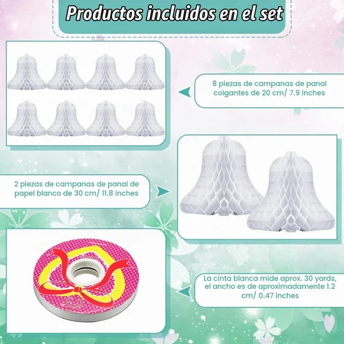 Vista 2 de 10 campanas de boda colgantes de panal, decoración de boda, campanas de panal de abeja, suministros de decoración con 2 rollos de cinta