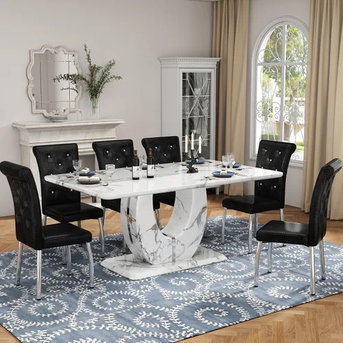 Vista 11 de Moderno juego de mesa de comedor de mármol sintético para 4, mesa de cocina rectangular blanca de 63 pulgadas con elegante base de pedestal