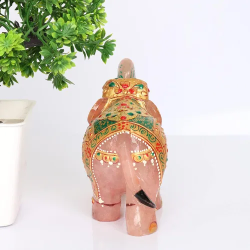 Vista 5 de REAL-GEMS Estatua de escultura de cristal de elefante de cuarzo rosa tallada a mano decorativa curativa Reiki figuras de piedras preciosas